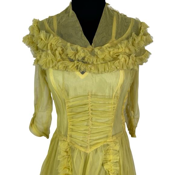 Vintage 1930s Yellow Ruffled Sheer Gown & Slip Set AS IS Project Piece Small - Picture 4 of 16